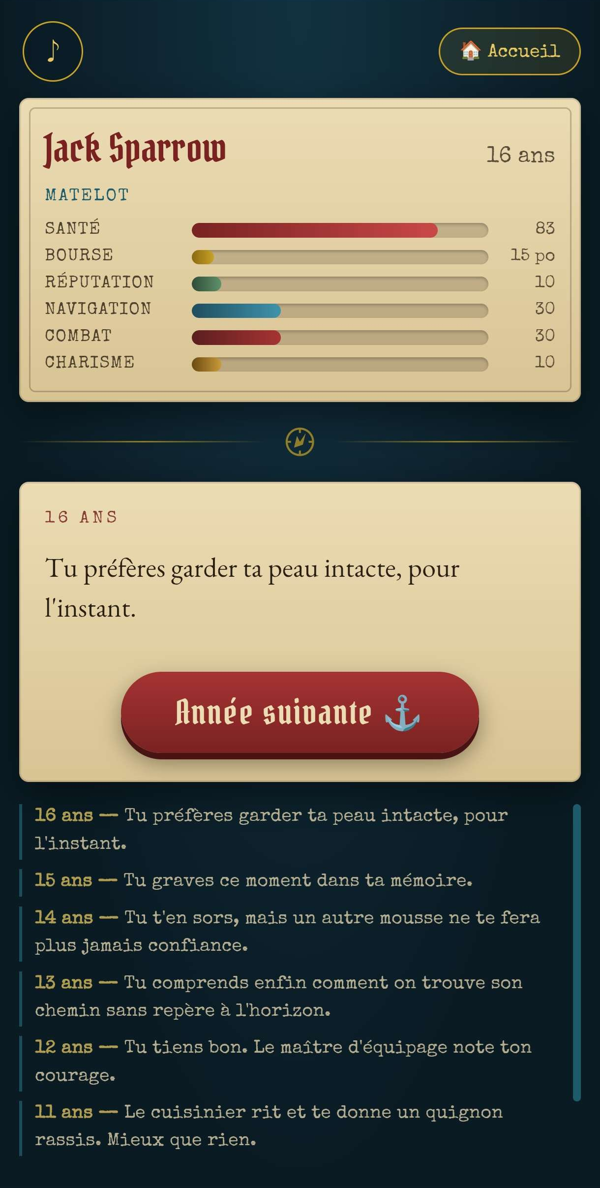 Écran de jeu avec fiche de personnage et journal