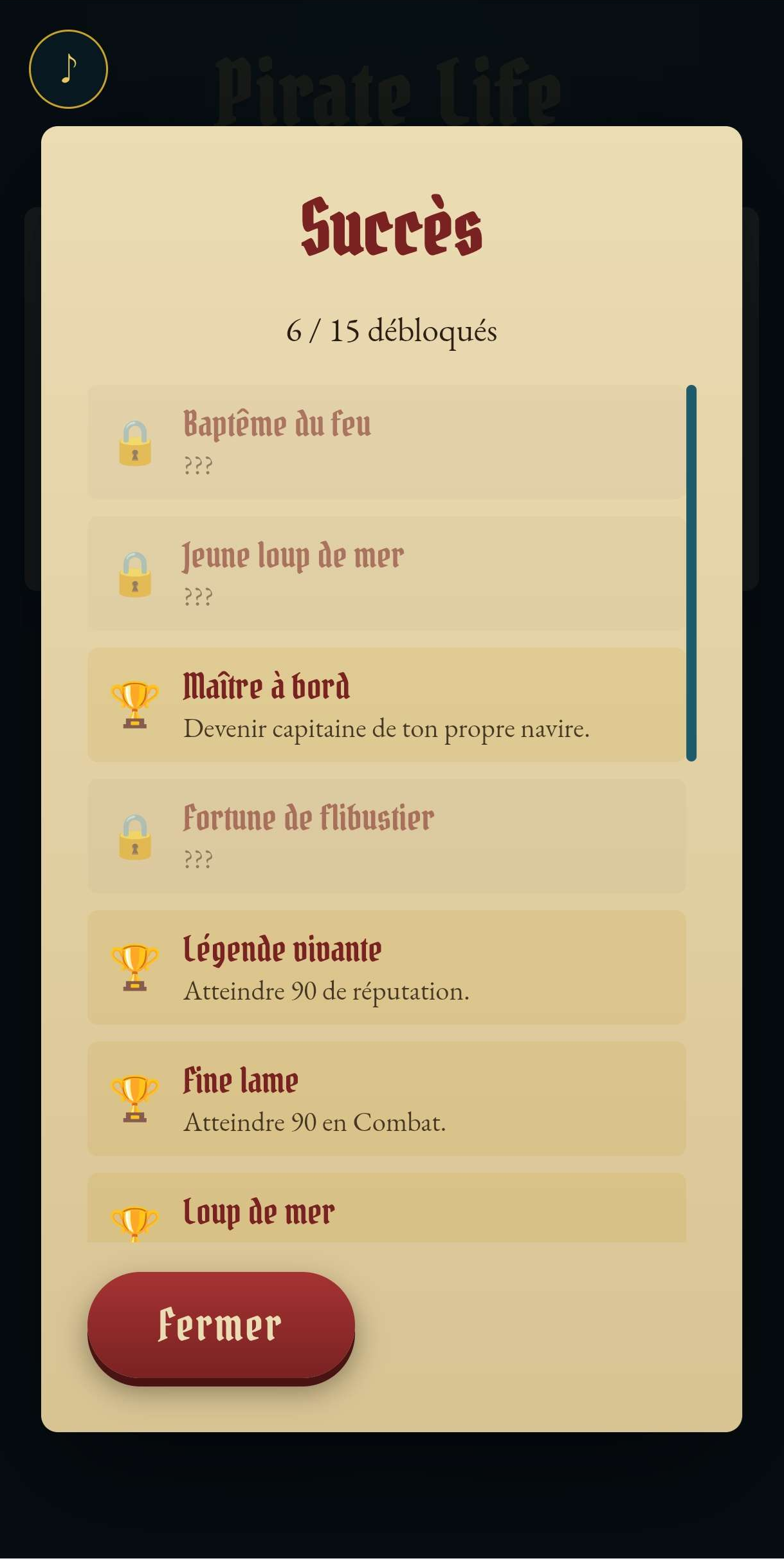 Écran des succès à débloquer